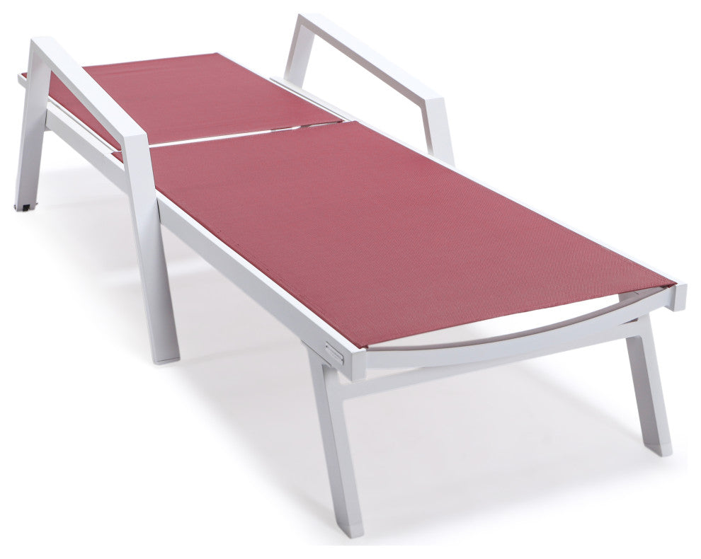 LeisureMod Marlin Patio Chaise Lounge Chair With Arms White Frame, Burgundy
