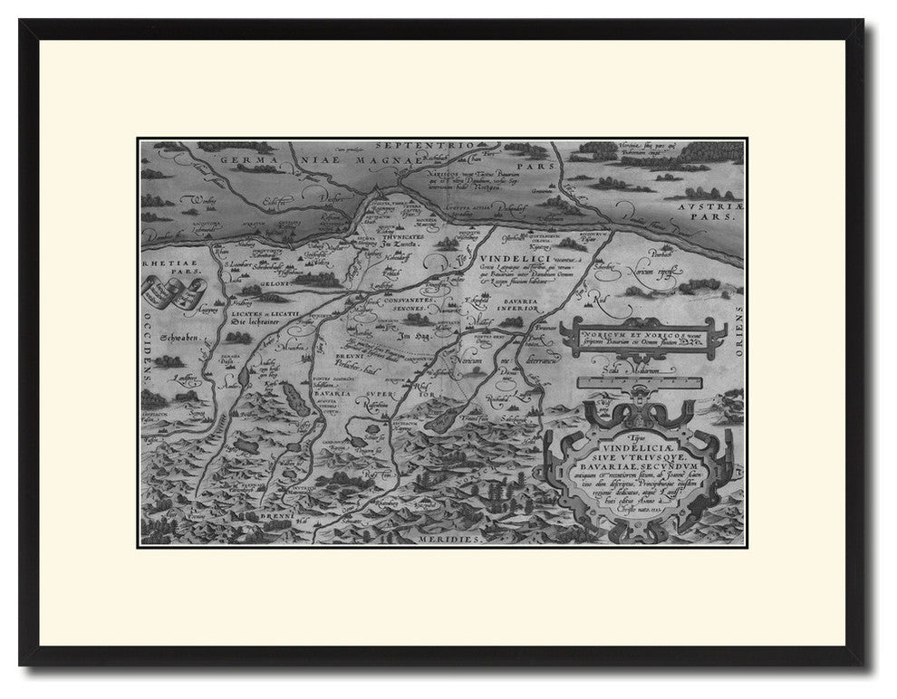 Germany, Bavaria Vintage Map Print On Canvas With Black Custom Frame, 16" X 21"