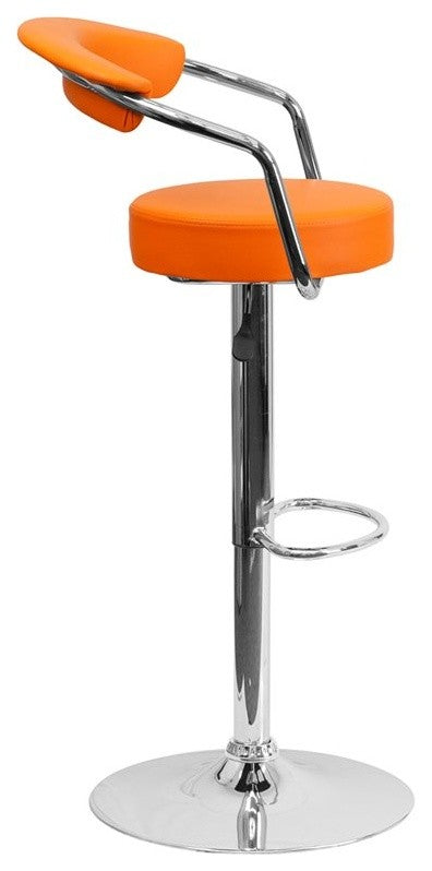 Estella Low-Back Orange Vinyl Swivel Adjustable Barstool With Arms