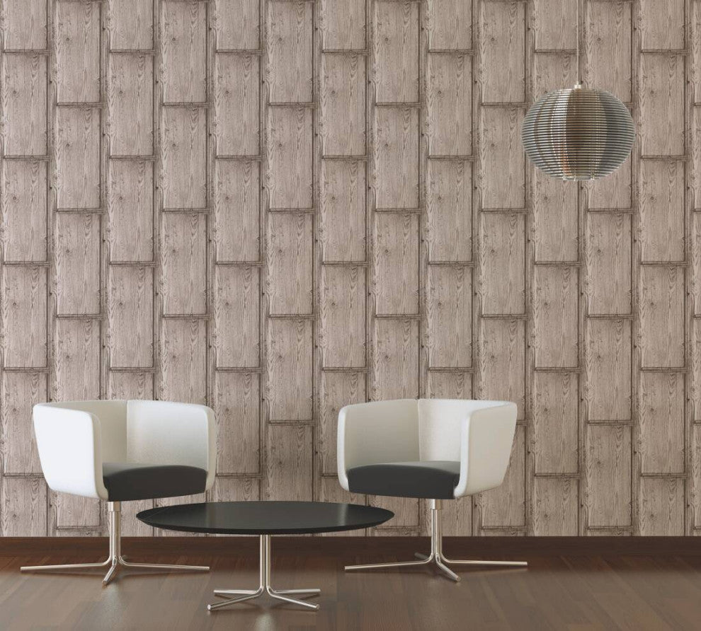 Loft Textured Wallpaper Featuring Rustic Wood, Beige Gray Brown, One Roll