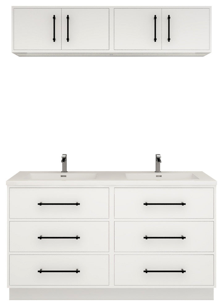 Victoria 60" Double Sink Solid Wood Vanity, Overhead Cabinet, Glossy White