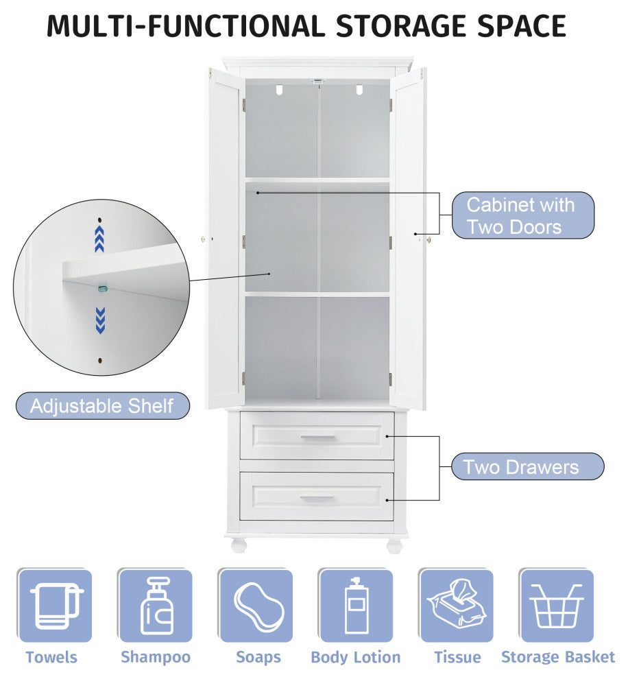 63" Tall Wood 2-door Bath Cabinet, White, Adjustable Shelf