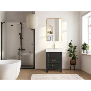 Leon Bath Vanity With Composite Stone Top, Fir Wood Black, 24", With Mirror