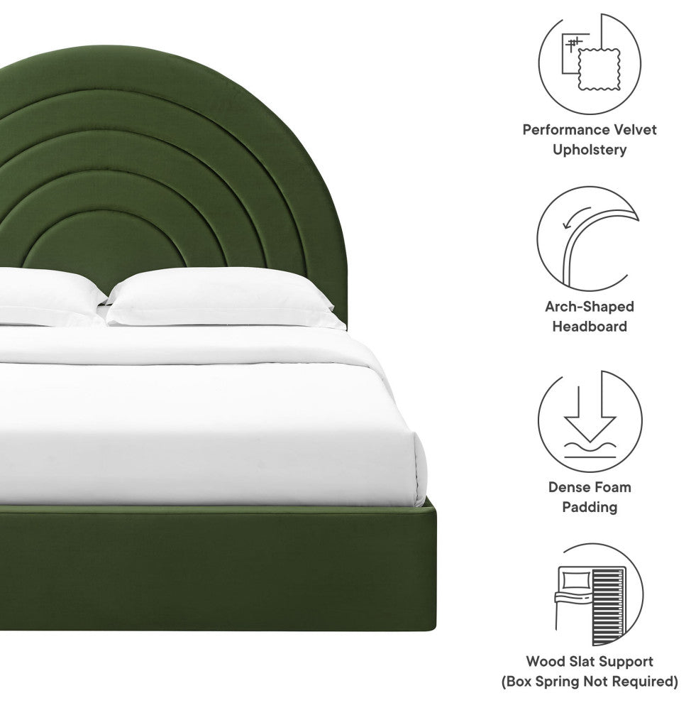 Solana Arched Performance Velvet King Platform Bed, Moss Green