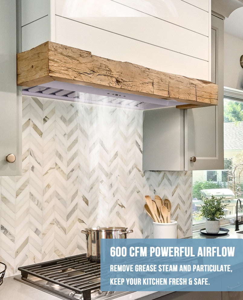 30" Insert/Built-in Satin White Range Hood, Dimmable, 3-Speeds 600CFM, Warm White Light, Satin White & Gold