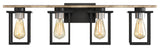 Matte Black/Wood Tone Rustic Bath Vanity Light With Open Cage Shades, 33" Wide