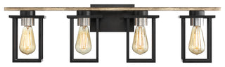 Matte Black/Wood Tone Rustic Bath Vanity Light With Open Cage Shades, 33" Wide