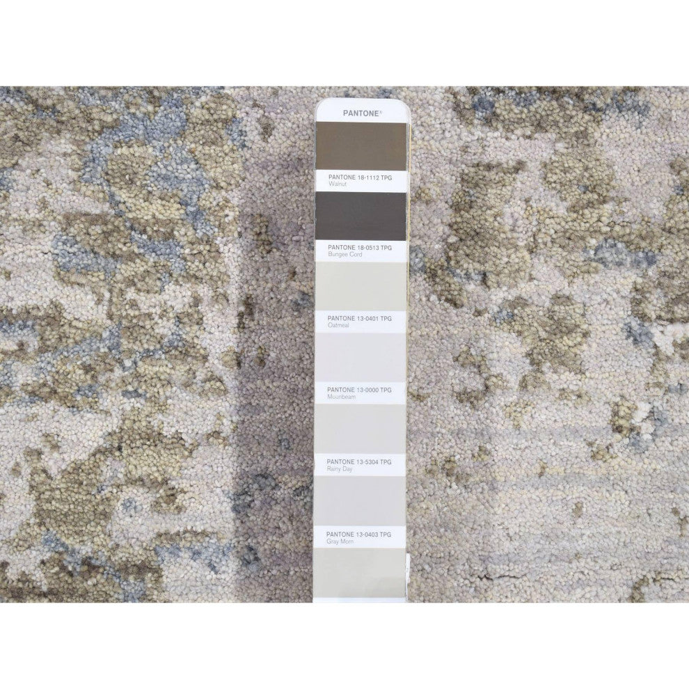 Gray, Pure Wool Modern Abstract Design, Hand Knotted, Runner Rug, 2'6"x12'1"