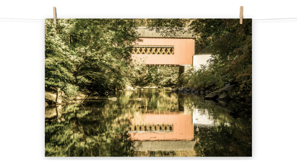 The Reflection of Wooddale Covered Bridge Aged Unframed Wall Art Print, 12" X 18"