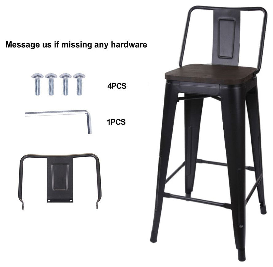 Black Middle Back Metal Barstools With Wooden Seat, Set of 4