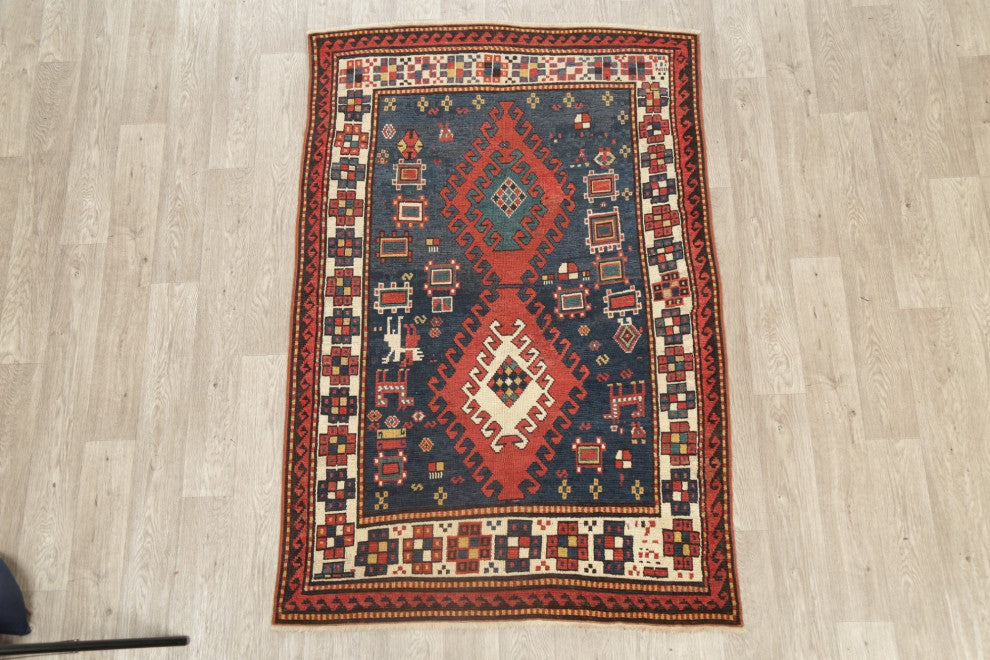 Consigned, Antique Oriental Russian Traditional Hand-Knotted Area Rug, Blue, 4x6