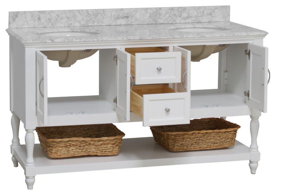 Beverly 60" Bath Vanity, White, Carrara Marble, Double Vanity