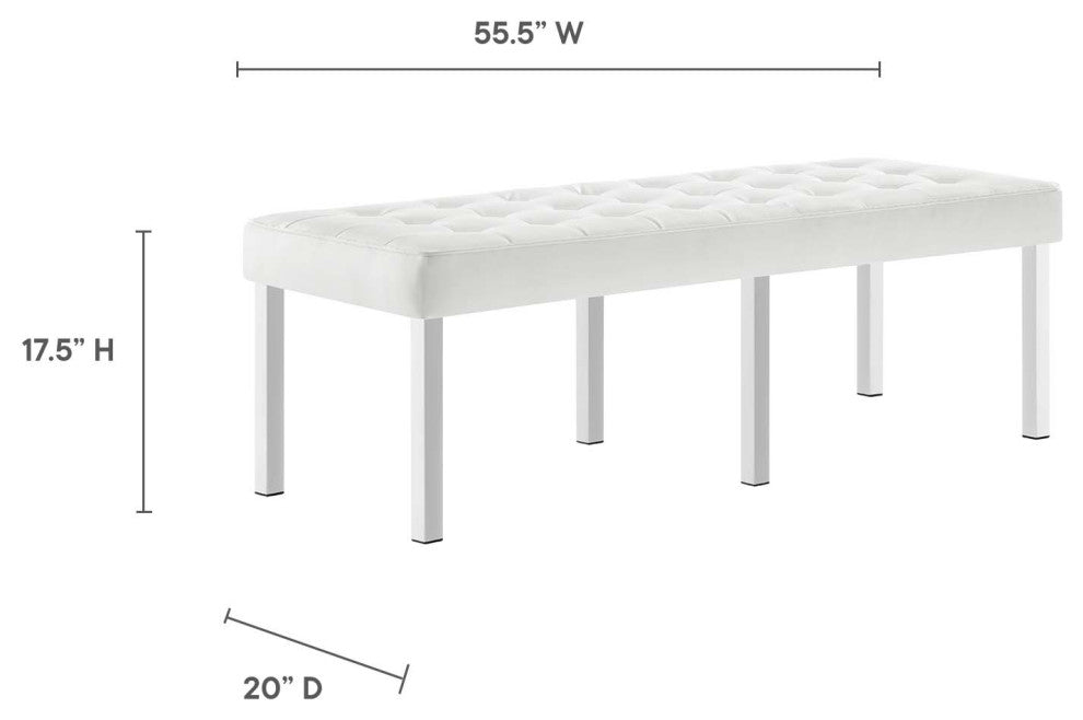 Loft Tufted Large Upholstered Faux Leather Bench Silver White