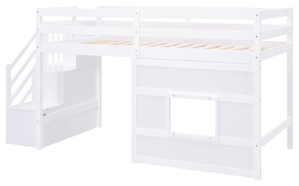Gewnee Twin Size Loft Bed with Storage Staircase and Window