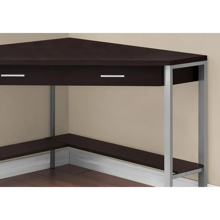 Contemporary Corner Desk, Large Drawer & Lower Open Shelf, Cappuccino/Silver