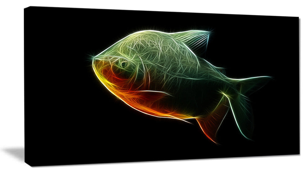 Fractal Pacu Fish on Black, Large Animal Canvas Artwork, 32"x16"