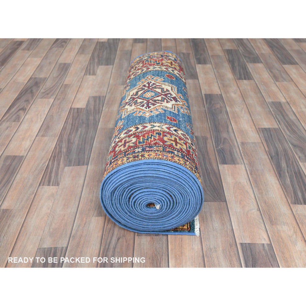 Denim Blue Soft Wool Hand Knotted Afghan Super Kazak XL Runner Rug, 2'7"x34'0"
