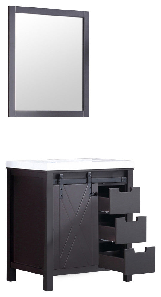 Marsyas 30" Brown Single Vanity Cabinet Quartz Top Square Sink, 28" Wall Mirror