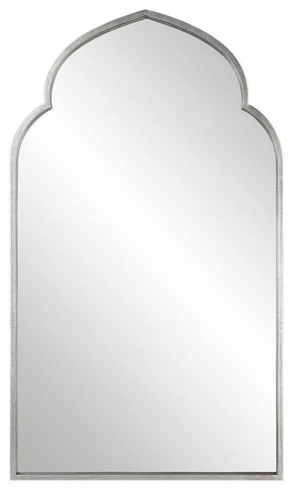 38 Inch Wood Wall Mirror, Moroccan Style, Antique Silver