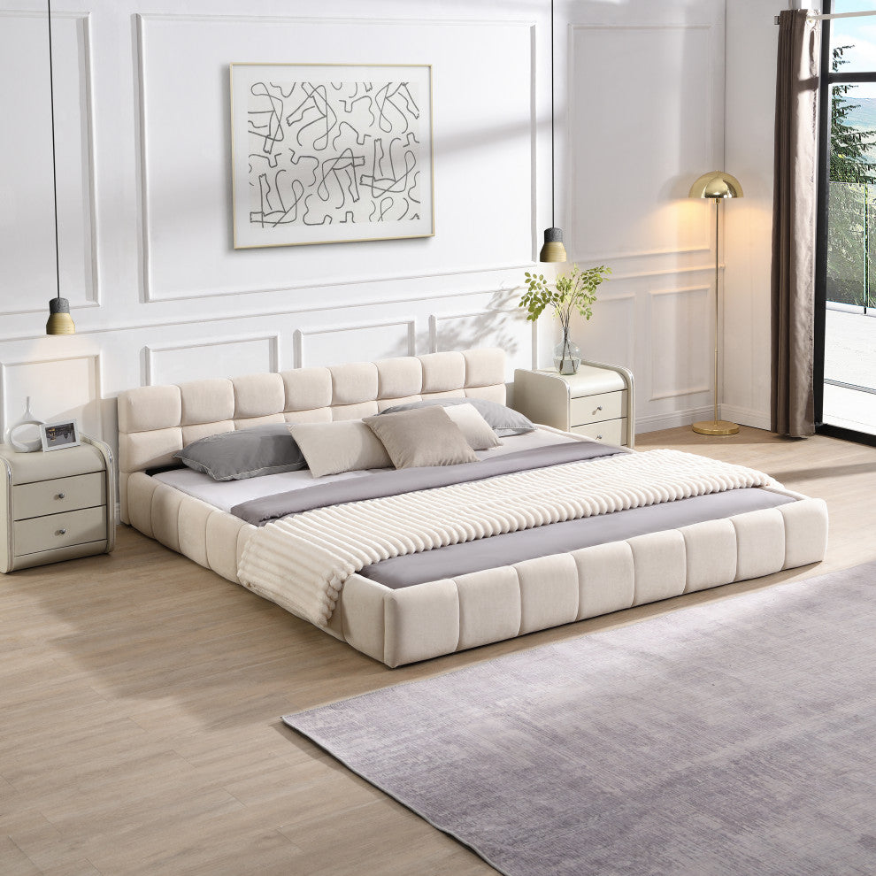 Alice Chenille Upholstered Platform Bed With Checkerboard Design, Beige, King