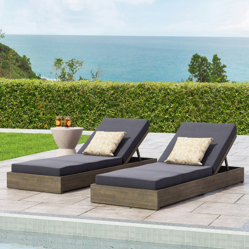 GDF Studio Acacia Wood Chaise Lounge & Foldable Cushion Set, Sandblast Gray/Dark Gray, Set of 2