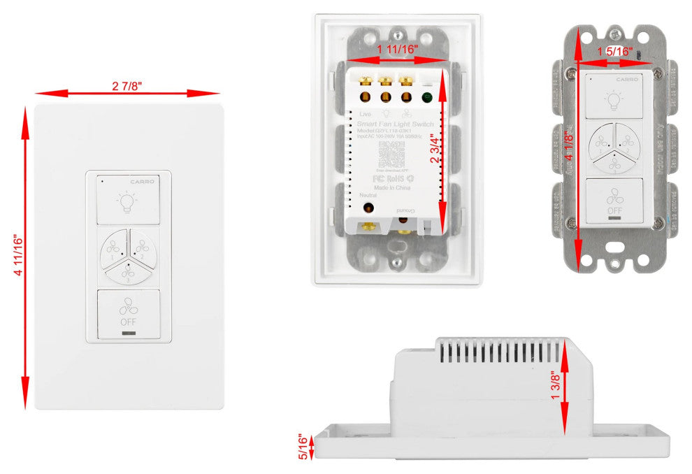 CARRO Smart Switch, 2 in 1 Fan Speed Control and Light On/Off Switch, 4 Gang
