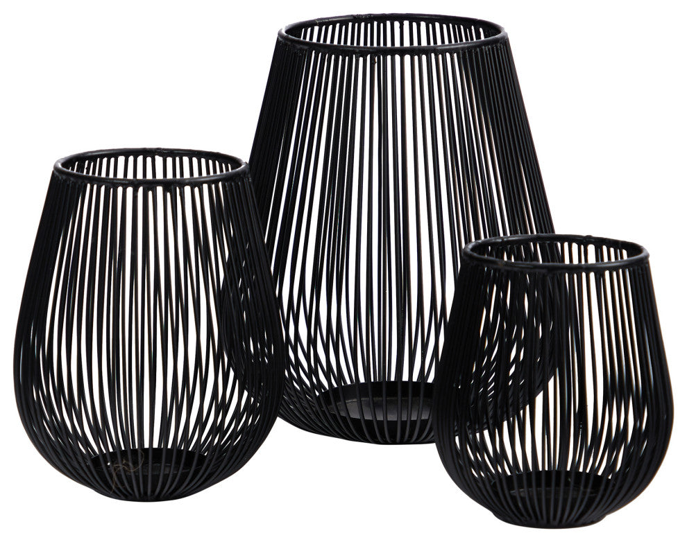 6", 8" & 10" Vintage Black Metal Wire Tea Votive Lantern Candle Holder, Set of 3