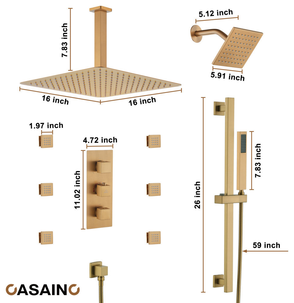 16inch Deluxe Showerhead Dual Shower Head System With Slide Bar and 6 Body Jets, Brushed Gold