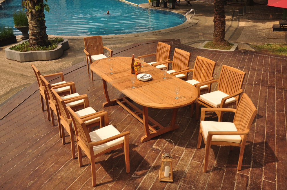 11-Piece Outdoor Teak Dining Set: 94" Masc Oval Table, 10 Lua Stacking Chairs