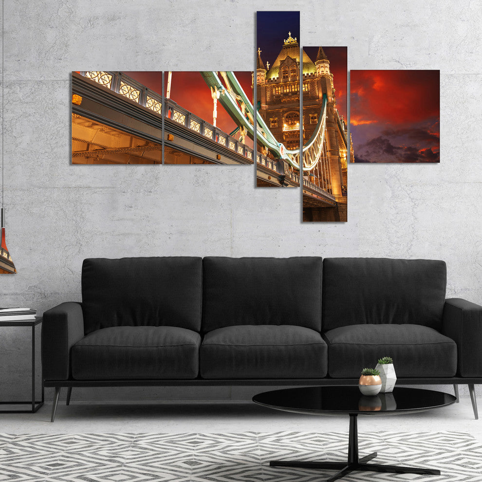 Famous Tower Bridge at Night, Modern Cityscape Canvas Print, 60"x32", 5 panels