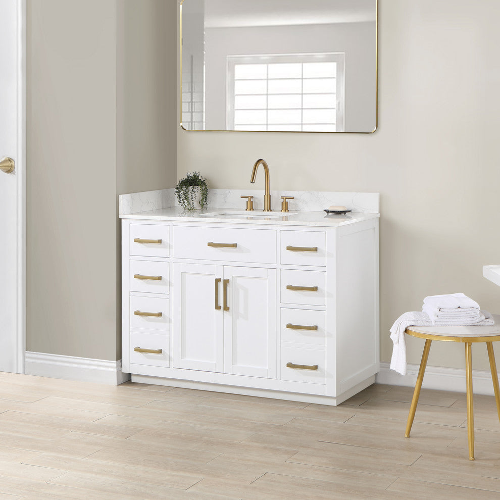 Gavino Vanity With Grain White Composite Stone Top, White/Brushed Gold, 48", No Mirror