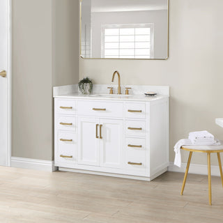 Gavino Vanity with Grain White Composite Stone Top, White/Brushed Gold, 48", No Mirror