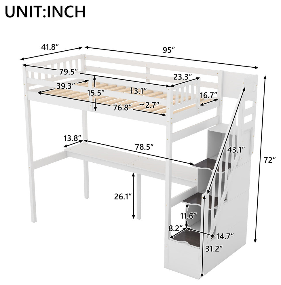 Gewnee Twin Size Loft Bed with Storage Staircase and Built-in Desk in White