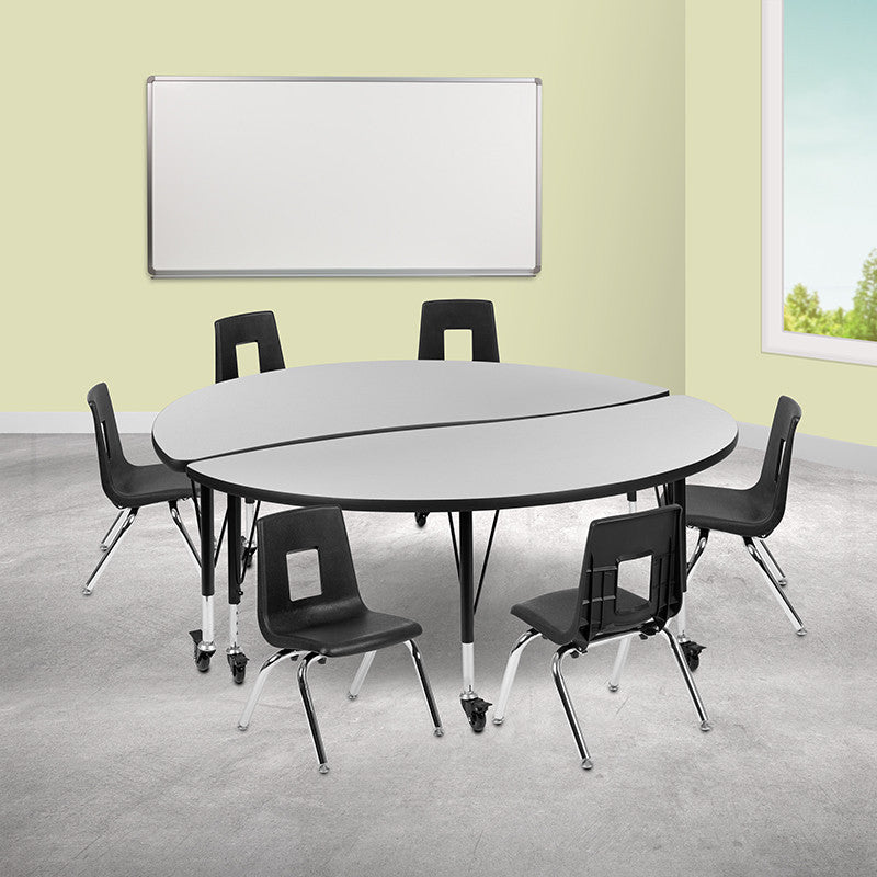 Mobile 60" Circle Wave Activity Table Set with 14" Student Stack Chairs, Grey