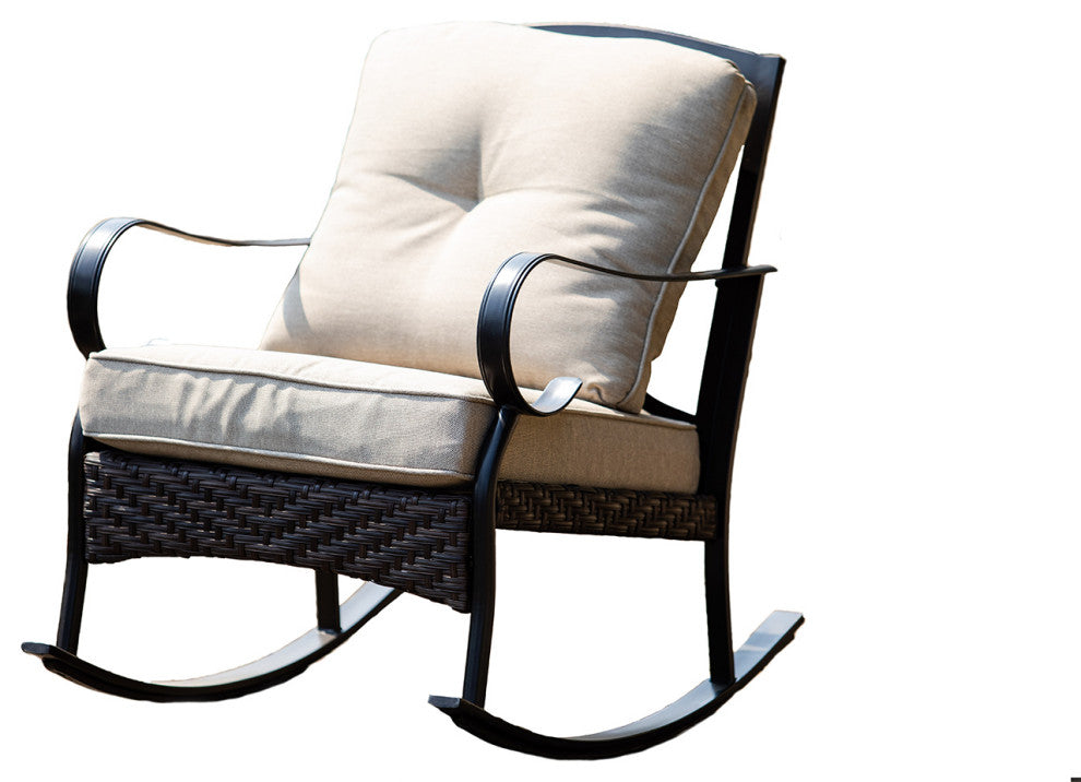 HomeRoots 25" X 33" X 34" Black Steel Patio Rocking Chair With Beige Cushions