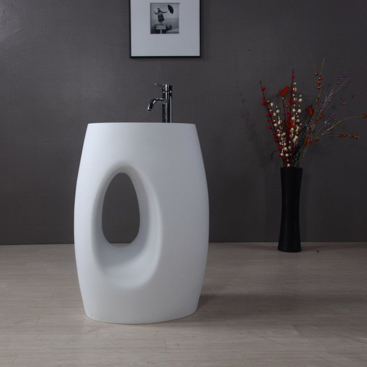 ADM Bathroom Oval Freestanding Pedestal Sink, White, 24", Glossy White