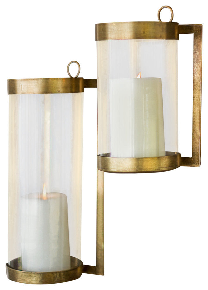Glass and Antique Brass Finished Wall Mounted Hurricane, Small