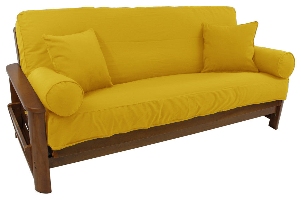 Solid Twill Full Futon Cover Set With 4 Throw Pillows, Sunset