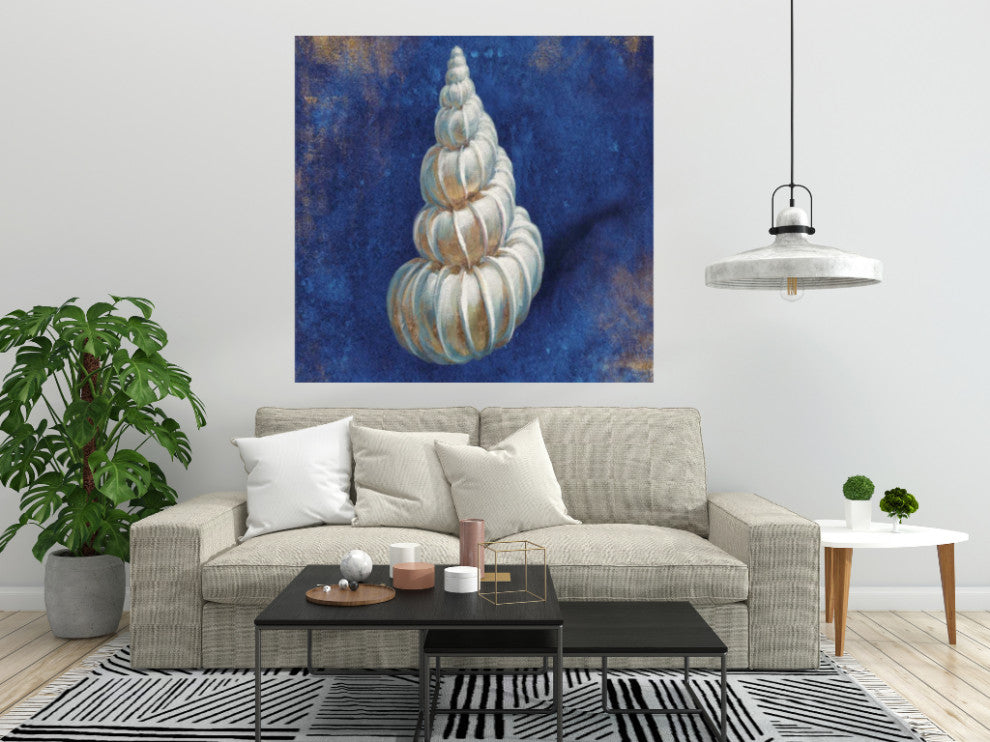 35" Rustic Deep Blue and Gold Shell Giclee Wrap Canvas Wall Art