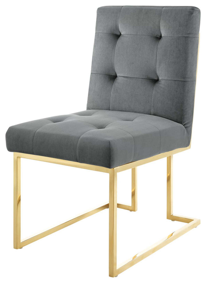 Side Dining Chair, Set of 2, Velvet, Metal, Gold Gray, Modern, Cafe Bistro