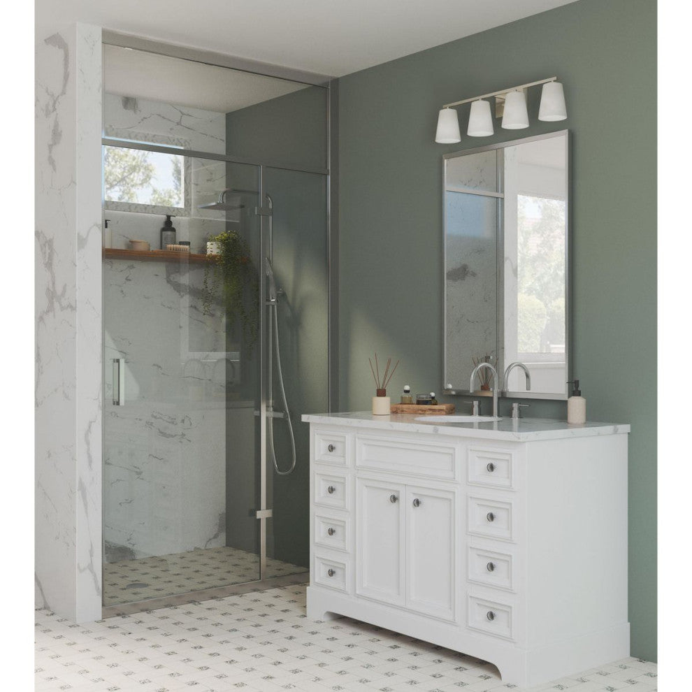 Vertex Collection Four-Light Brushed Nickel Etched White Glass Bath Light