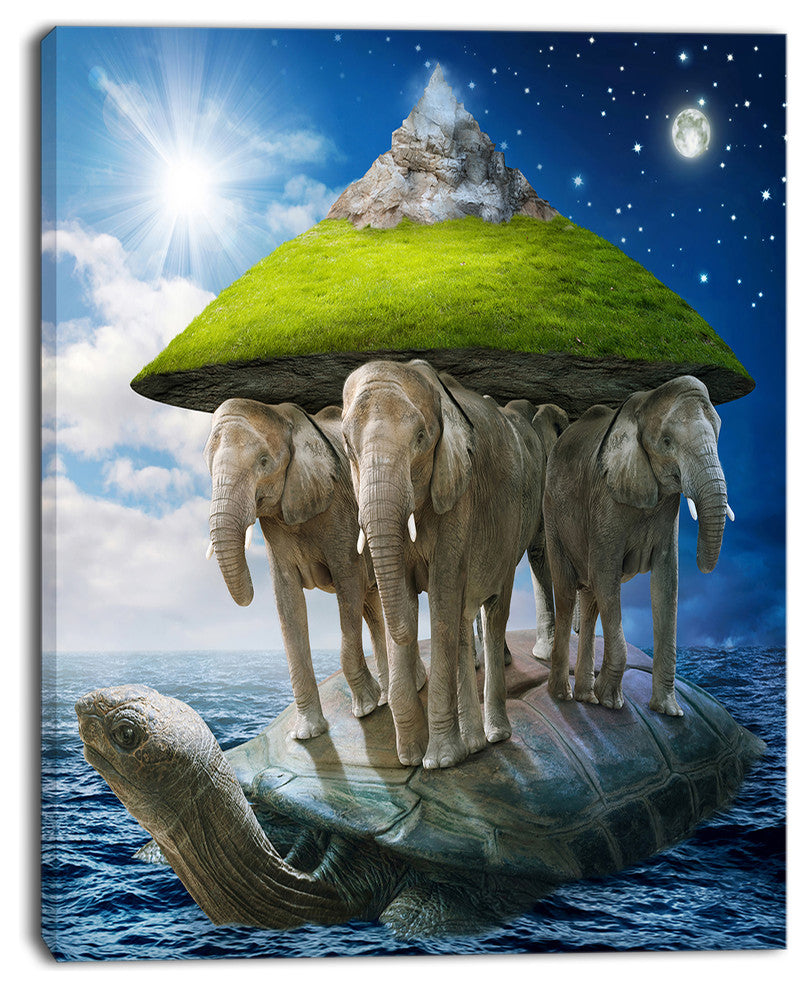 Giant Turtle Carrying Elephants, Abstract Canvas Art Print, 12"x20"