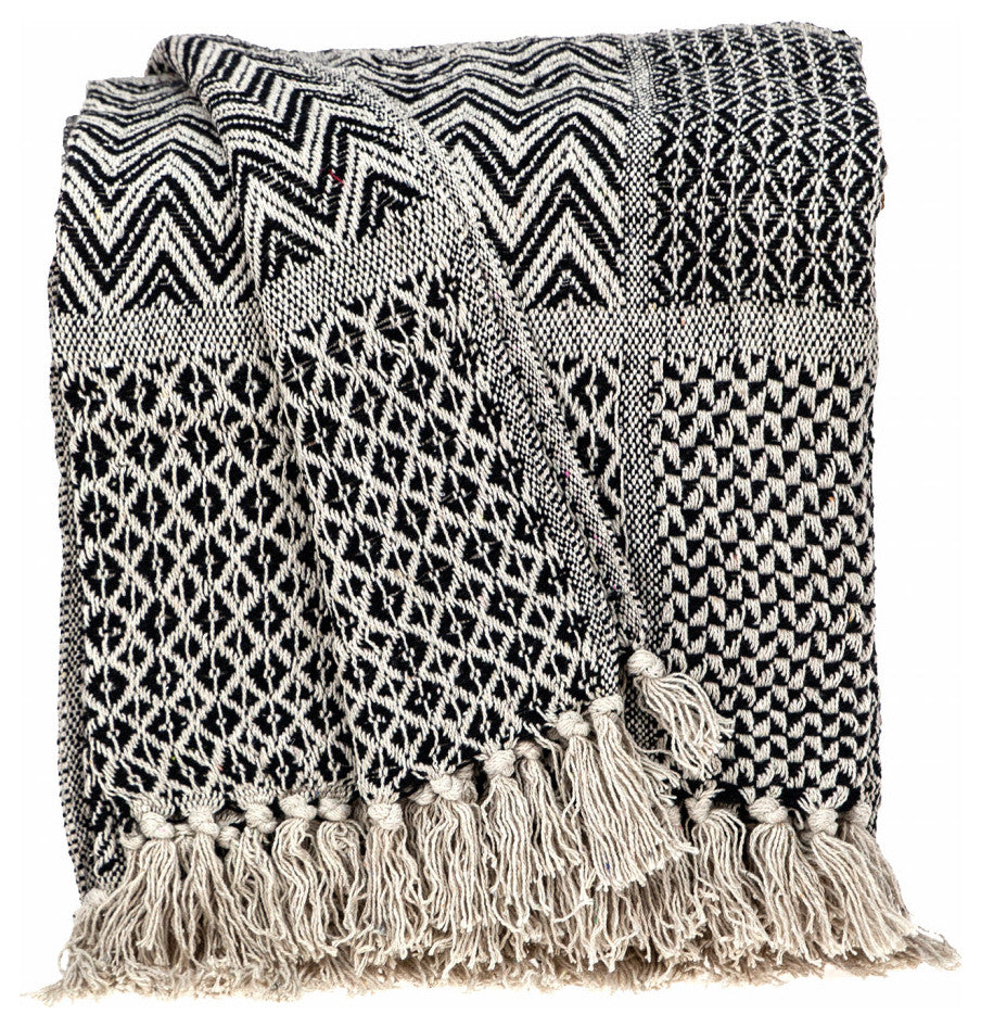 Beige and Black Multi Pattern Woven Handloom Throw Blanket
