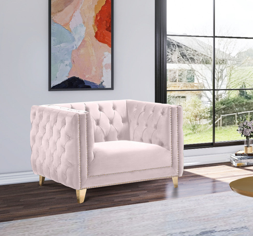 Michelle Fabric Upholstered Chair, Gold Iron Legs, Pink, Velvet, Chair