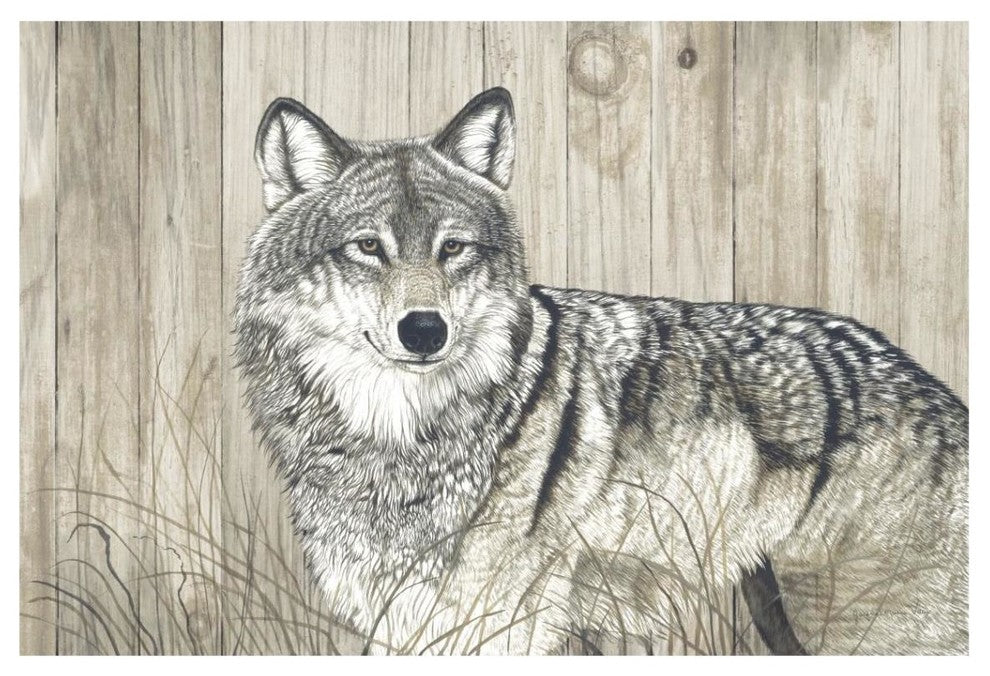 "Wolf in Grass on Barn Board" Digital Paper Print by Jacquie Vaux, 20"x14"