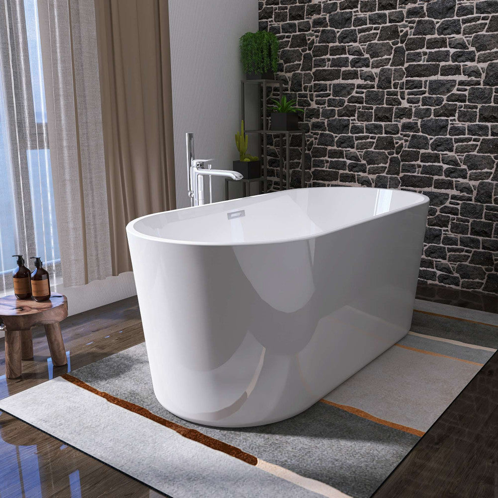 Oval Freestanding Acrylic Soaking Bathtub, Glossy White, 62"x30"