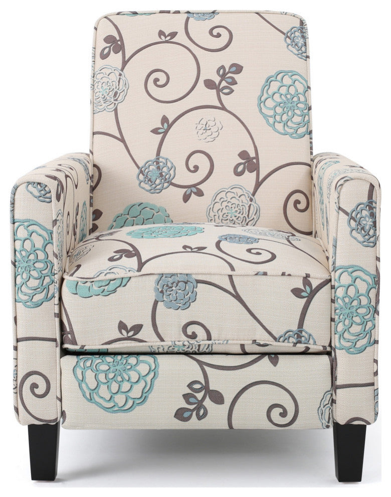 Susan Fabric Recliner, Set of 2, Light Beige With Blue Floral and Dark Brown