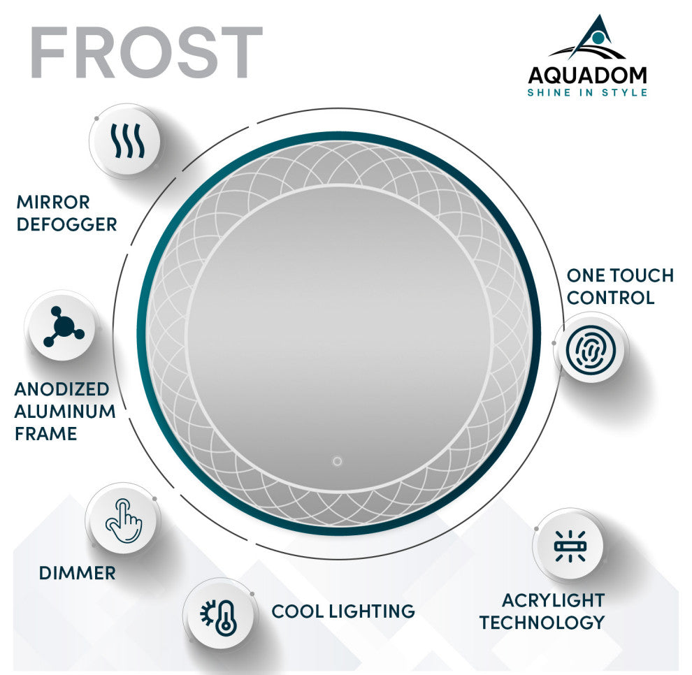 24" Frost, LED Lighted Round Mirror With Dimmer, Defogger, Touch Control.