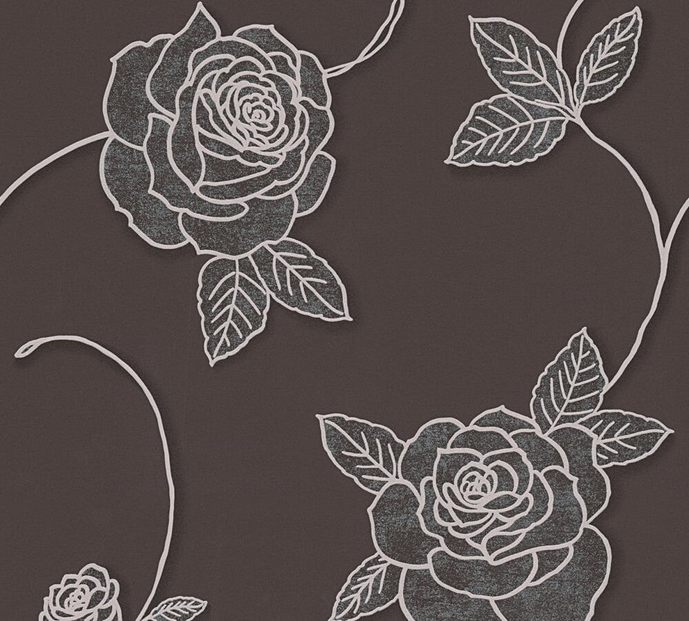 Moments, Baroque Motifs, Flowers And Garlands Brown Wallpaper Roll, Modern