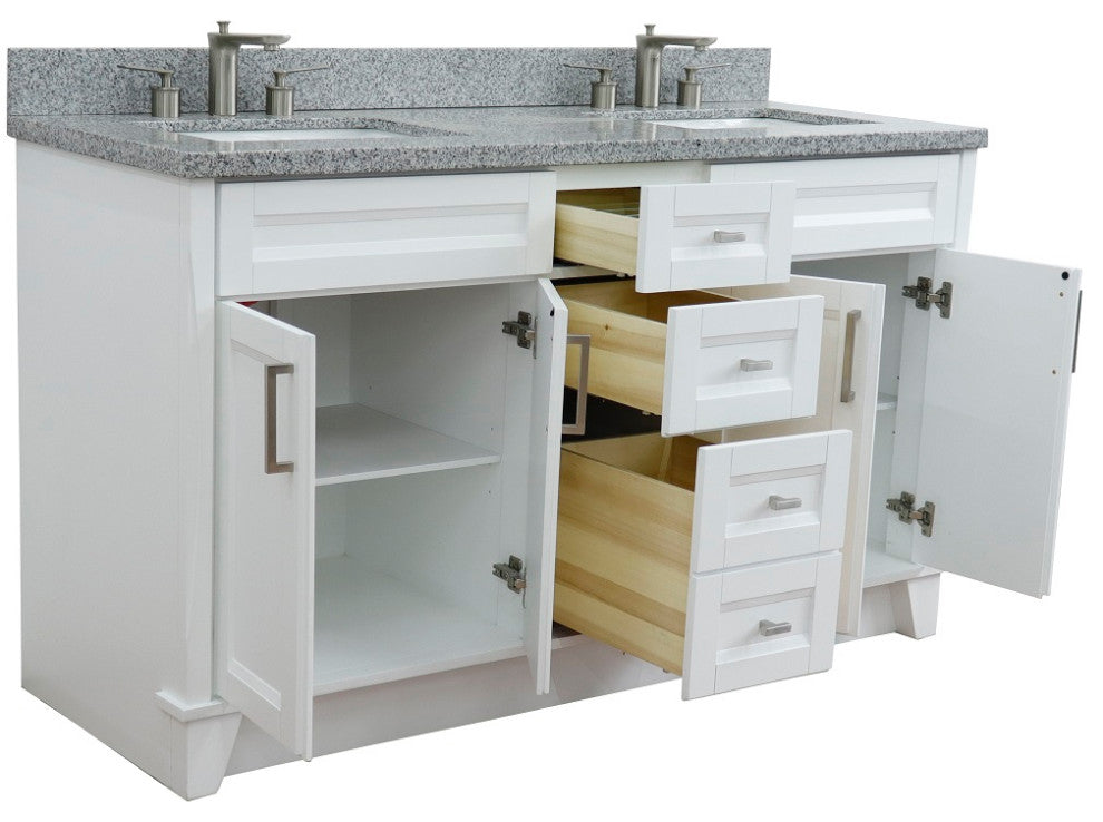 61" Double Sink Vanity, White Finish And Gray Granite And Rectangle Sink